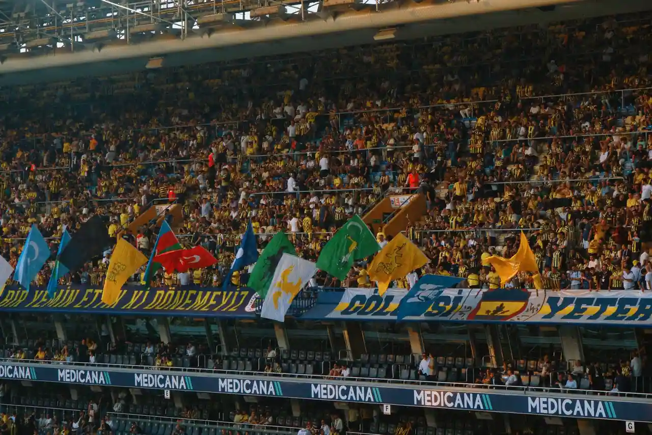 Tribunes d'un stade de football remplies de supporters agitant des drapeaux