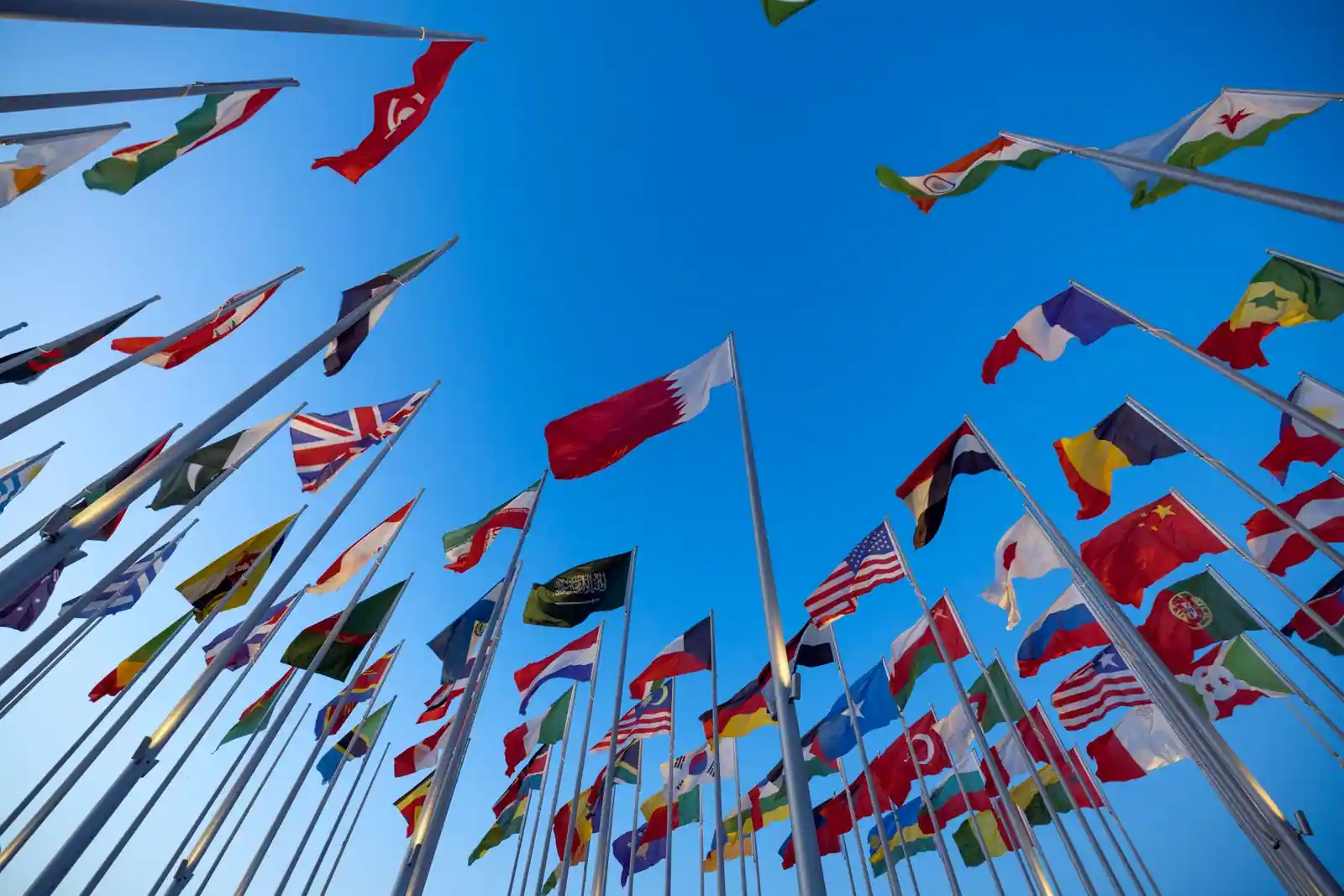 Drapeaux nationaux de nombreux pays flottant sur leurs mâts, photographiés en contre-plongée sous un ciel bleu.